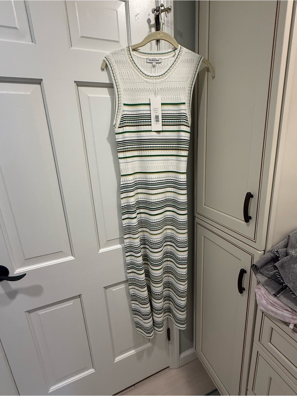 Veronica M White Dress with Green and Black Stripes